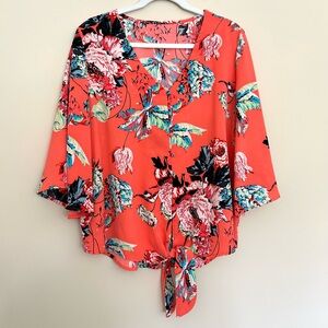Women's Coral Floral Tie-Front Blouse XL